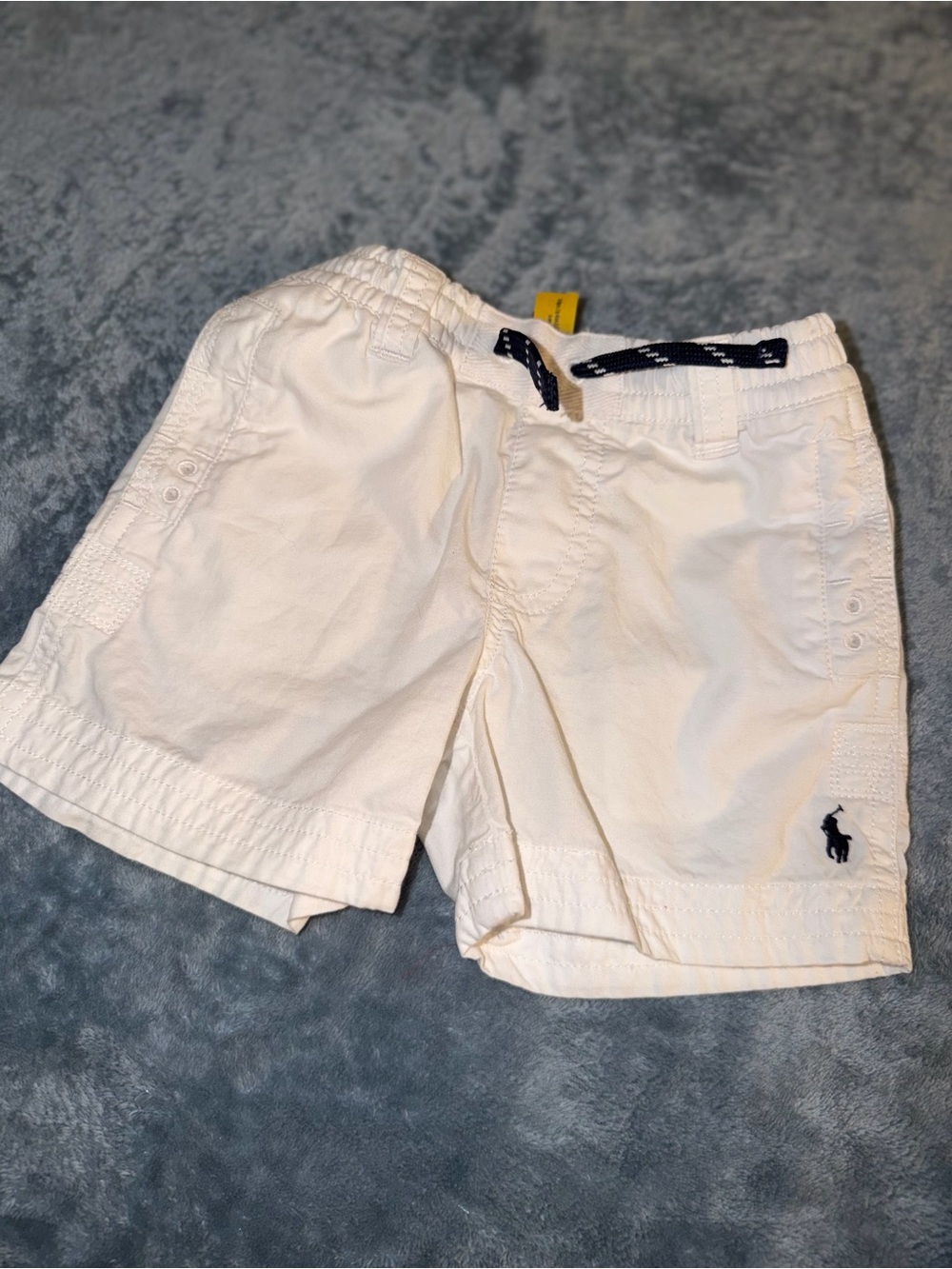 Polo by Ralph Lauren White Cotton Flat Front Shorts with Navy Drawstring